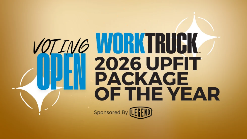Voting open for Work Truck 2026 Upfit Package of the Year Awards sponsored by Legend Fleet Solutions, gold background with bright blue and black text.