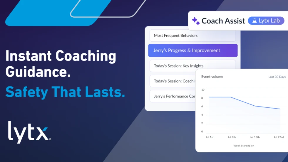 Graphic image with Lytx logo, blue colors, and headline test Instant Coaching Guidance. Safety That Lasts.