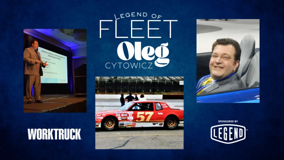 Legend of Fleet Oleg Cytowicz with photos of him on stage, in a car, and a race car.