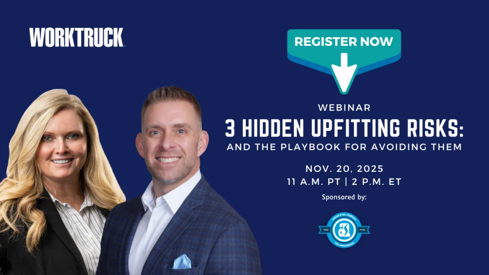 Work Truck webinar promo featuring speakers Kevin Kiedrow and Shelby Simpson for “3 Hidden Upfitting Risks and the Playbook for Avoiding Them,” scheduled for November 20, 2025.