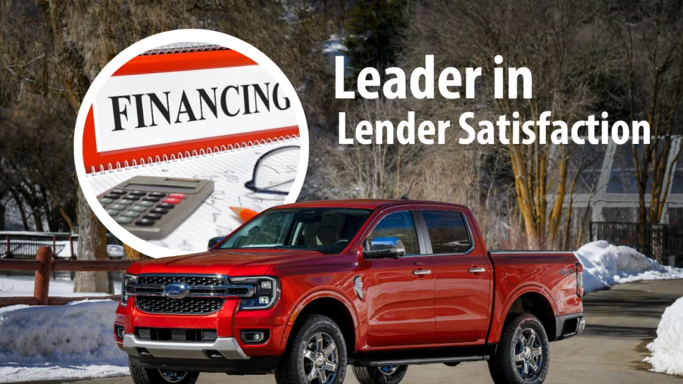 Red pickup truck with inset round photo illustrating financing and a calculator, headline Leader in Lender Satisfaction.