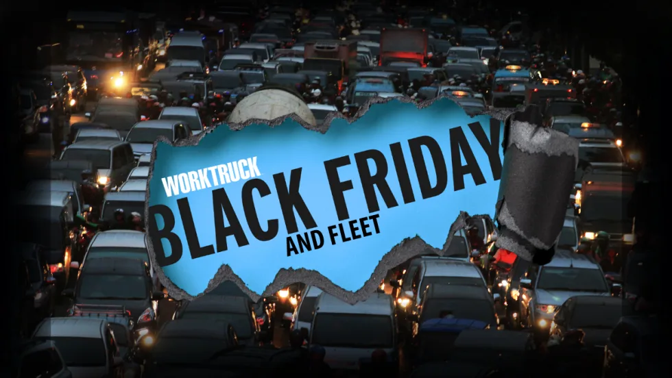 Work Truck Black Friday and Fleets on ripped paper over congested holiday traffic.