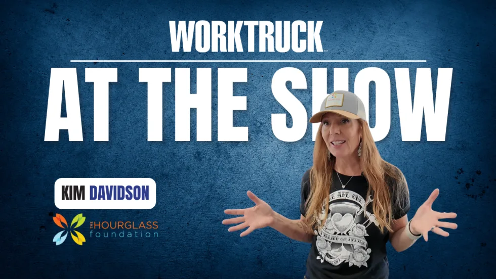 Work Truck At The Show graphic with a guest from the Hourglass Foundation speaking on camera, standing beside bold text on a blue background.