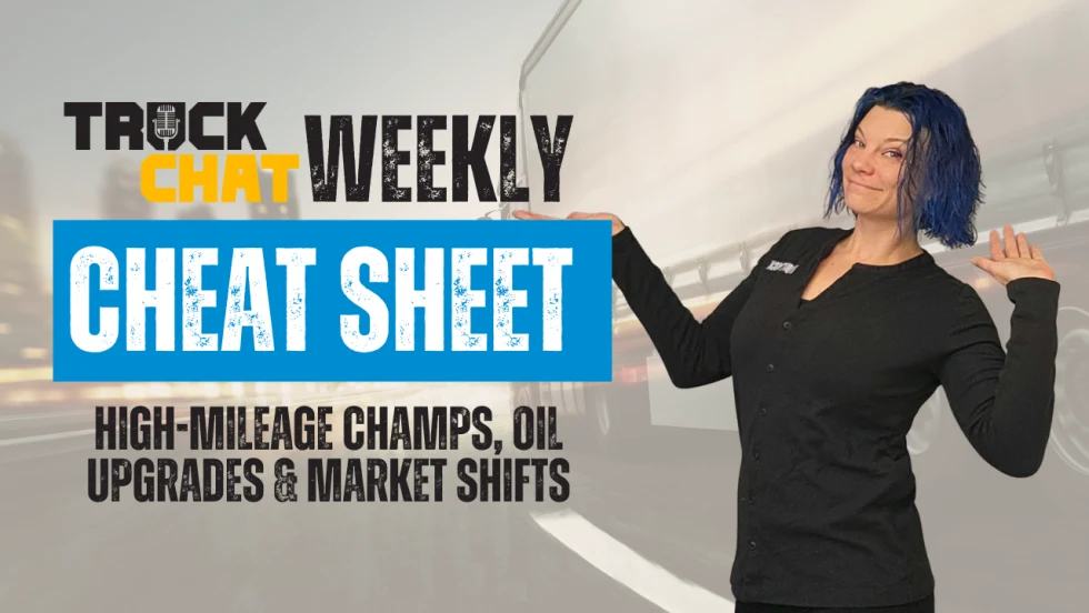 Lauren Fletcher hosts Truck Chat Weekly Cheat Sheet, highlighting 250K-mile trucks, new heavy-duty oil updates, and used-market shifts, with a bold on-screen title graphic.