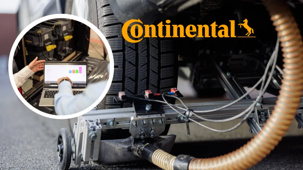 Photo of a vacuum device behind a car tire with inset logo for Continental and a round photo of two people looking at analytics chart.