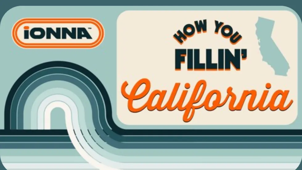 Retro-style graphic featuring the IONNA logo and the phrase “How You Fillin’ California,” symbolizing IONNA’s expansion of EV charging locations across California.