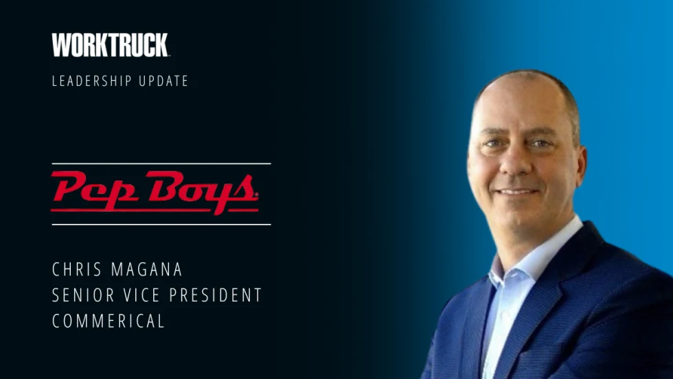 Portrait of Chris Magana next to the Pep Boys and Work Truck logos, announcing his new role as senior vice president of commercial in a leadership update graphic.