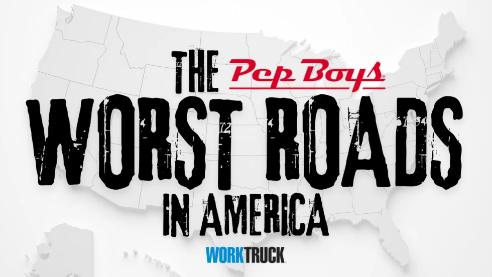 Graphic showing a U.S. map with the title “The Pep Boys Worst Roads in America” and the Work Truck logo.