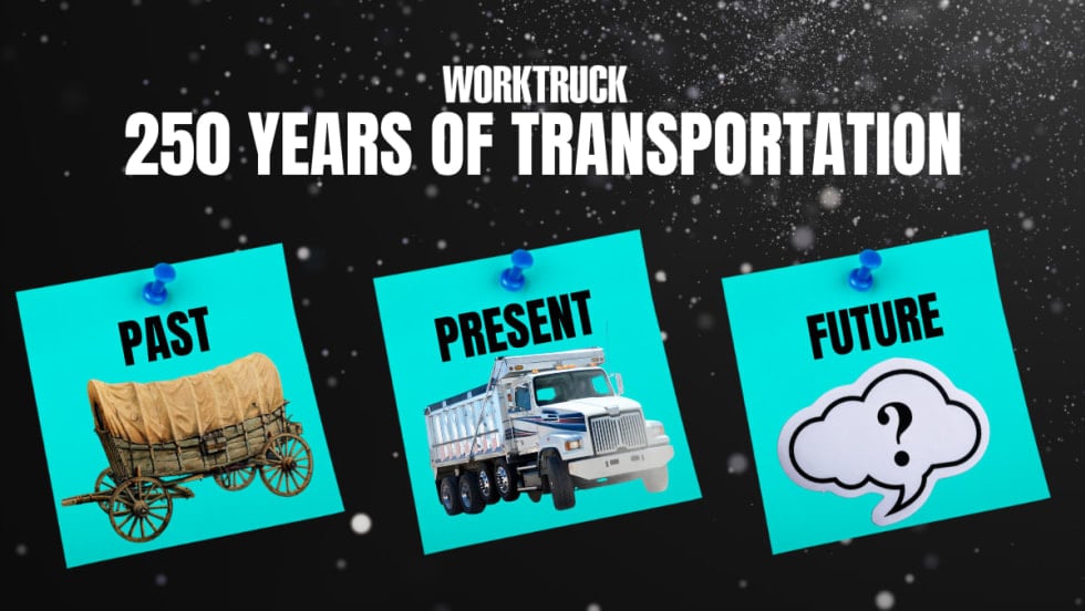 Graphic showing “Past,” “Present,” and “Future” of transportation with a covered wagon, a modern work truck, and a question-mark thought bubble, highlighting 250 years of work vehicle evolution.