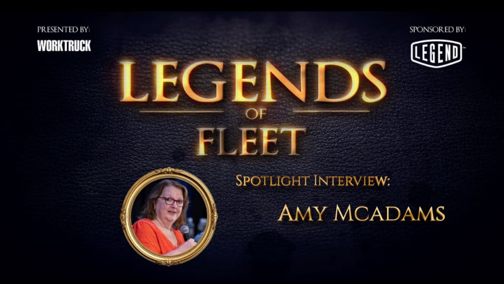 Legends of Fleet title screen with a framed photo of a woman speaking into a microphone, presented by Work Truck and sponsored by Legend Fleet.