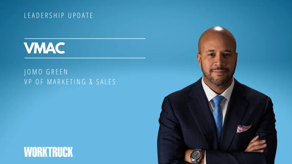 Man in business attire against a blue background and white headlines for Leadership Update, VMAC, and the man's name and title.