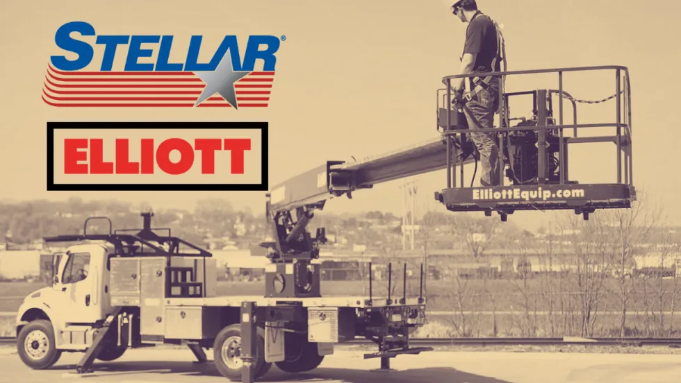 Sepia background photo of a man working on an aerial platform truck and inset logos for Stellar and Elliott.