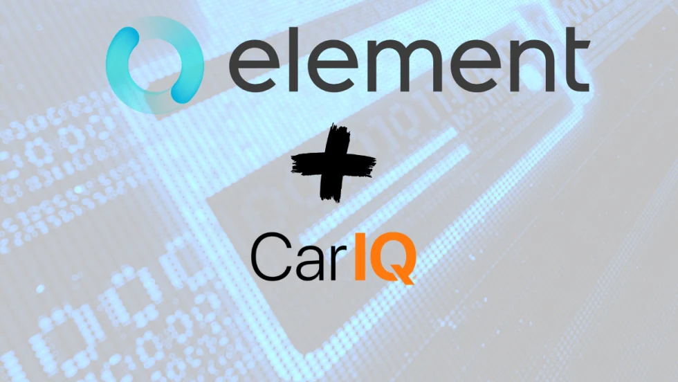 Element and Car IQ logos shown together, representing Element’s planned acquisition of Car IQ and the integration of vehicle-initiated payments into connected fleet operations.