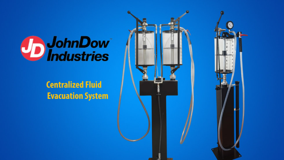 Blue background with image of oil evacuation pumps, inset logo for JohnDow Industries and yellow headline Centralized Fluid Evacuation System.
