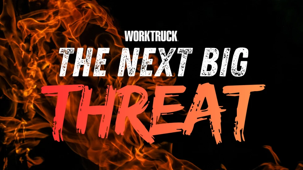 Flames behind bold text “The Next Big Threat,” illustrating how wildfire dangers are shifting from roads to fleet facilities and sparking urgent conversations about structural resilience.