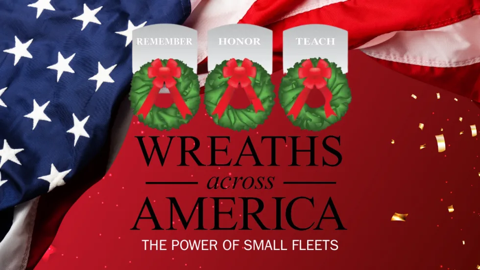 Wreaths Across America graphic highlighting the role of small fleets in delivering wreaths to honor veterans, featuring wreath icons and the American flag.