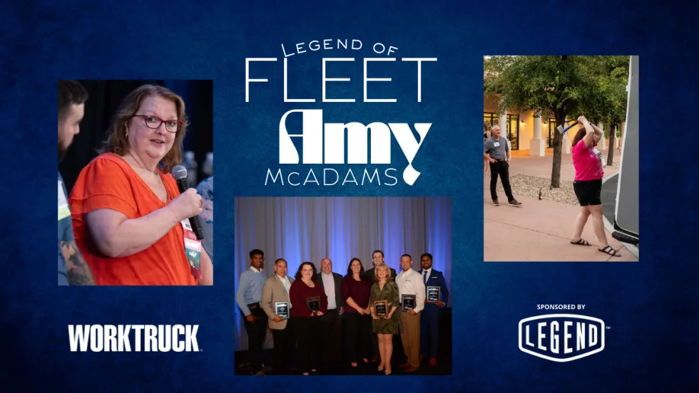 Collage of fleet leader Amy McAdams speaking, participating in an outdoor activity, and standing with colleagues at an awards event, featured in Work Truck’s Legend of Fleet series sponsored by Legend