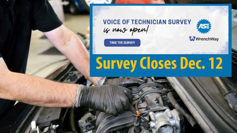 Background image of a mechanic working on car engine and inset logos and wording about a technician survey and the closing date of Dec. 12.