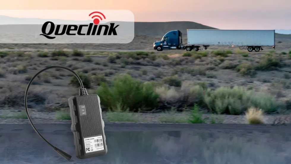 Tractor trailer driving across a desert highway from right to left and inset image of a satellite tracking device and company logo for Queclink.