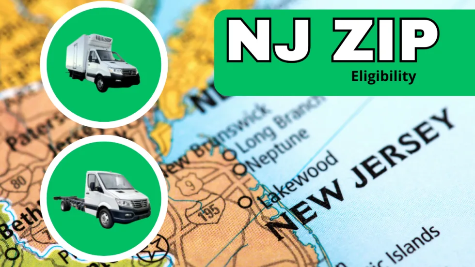 Background image of New Jersey map and inset round photos of two battery electric trucks with white headline NJ ZIP and small text Eligibility.