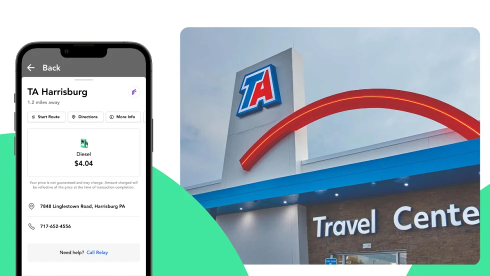 Inset photo to right of a TA Travel Center and inset photo on left of a phone screen with fuel payment app.