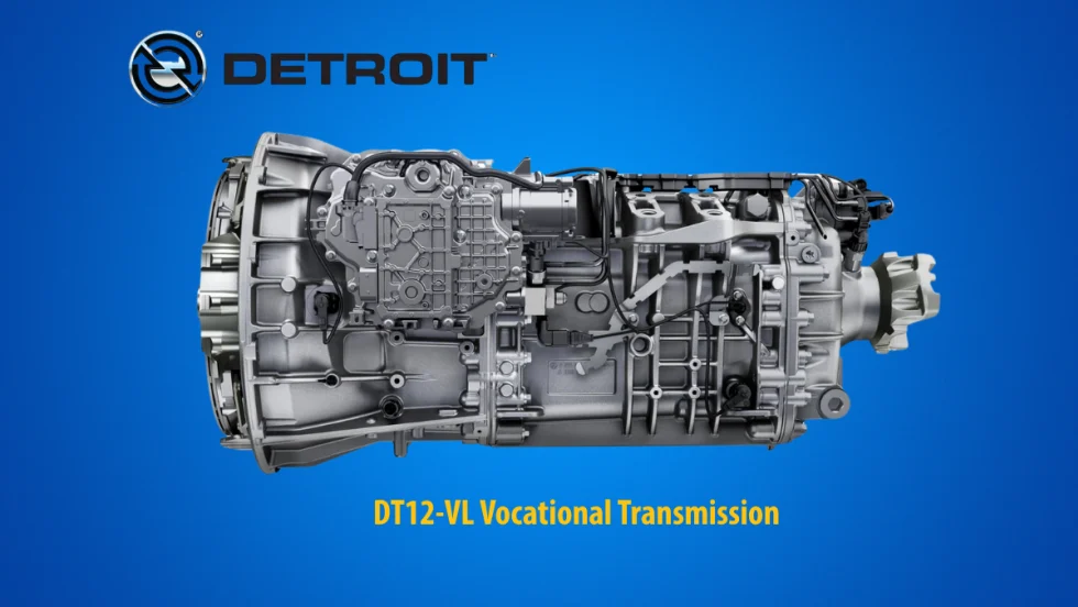 Heavy-duty truck transmission against a blue background with logo for Detroit and yellow text that says DT12-VL vocational transmission.
