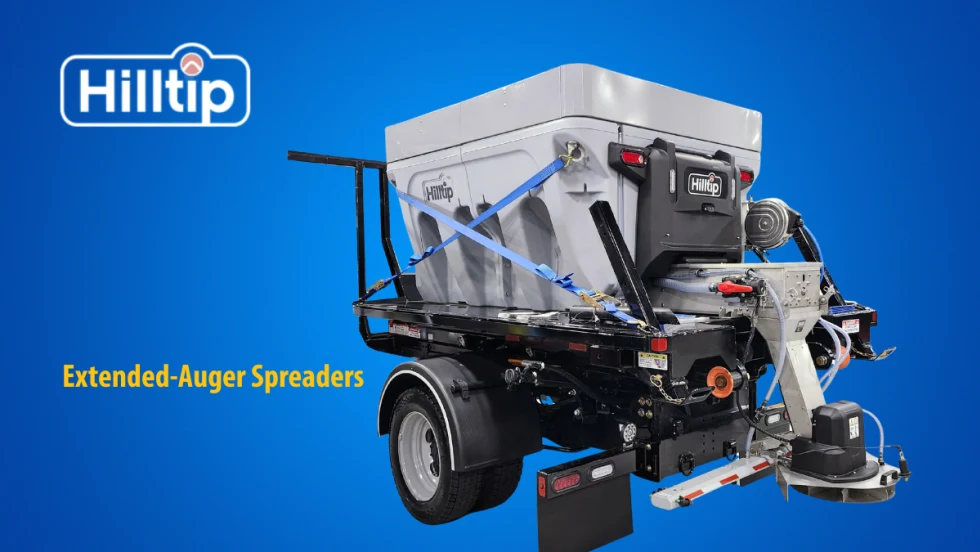 Truck or trailer mounted spreader for treating winter roads set against a blue background and logo for Hilltip.