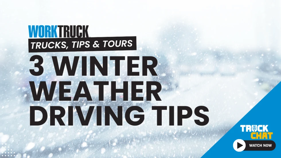 Thumbnail for Truck Chat Trucks, Tours & Tips video series, title Winter Weather Driving Tips, two inset photos of cars on snow covered roads.