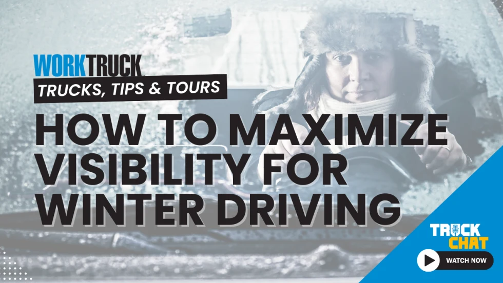 Thumbnail for video series Truck Chat Trucks, Tours & Tips, headline How to Maximize Visibility for Winter Driving, two inset photos of driving in snow and ice.