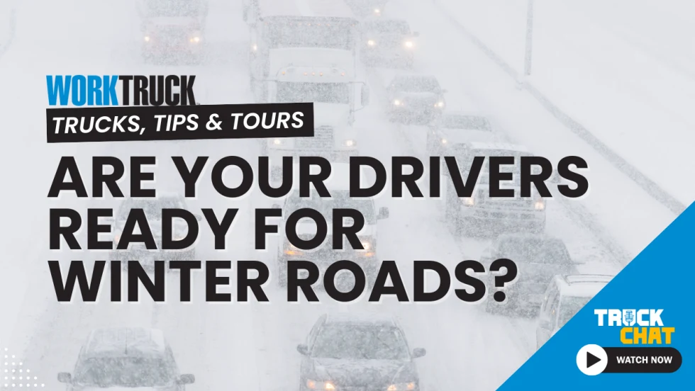 Thumbnail for video series Truck Chat: Trucks, Tours & tips featuring image of woman speaking and a snow covered road and headline for Coaching Drivers for Winter Driving Conditions.
