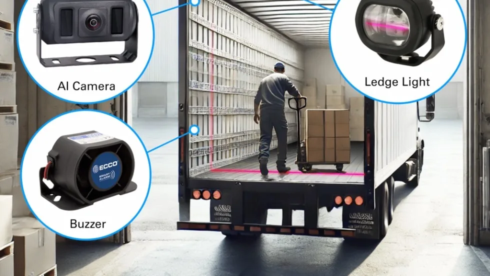 Image of man unloading cargo in back of box truck, inset images of three different cameras and sensors.