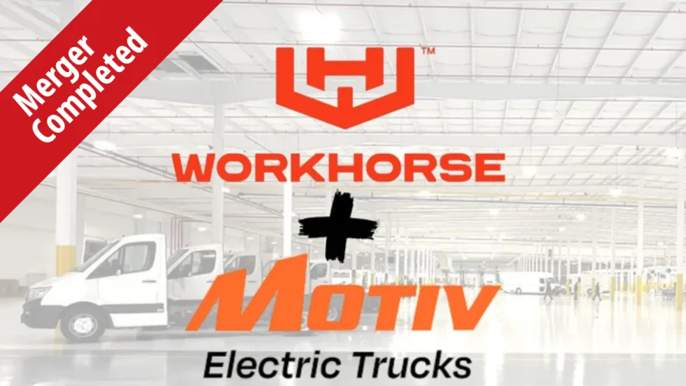 faint background image of electric truck chassis with company logos for Workhorse + Motiv Electric Trucks and a red banner with headline that reads Merger Completed.