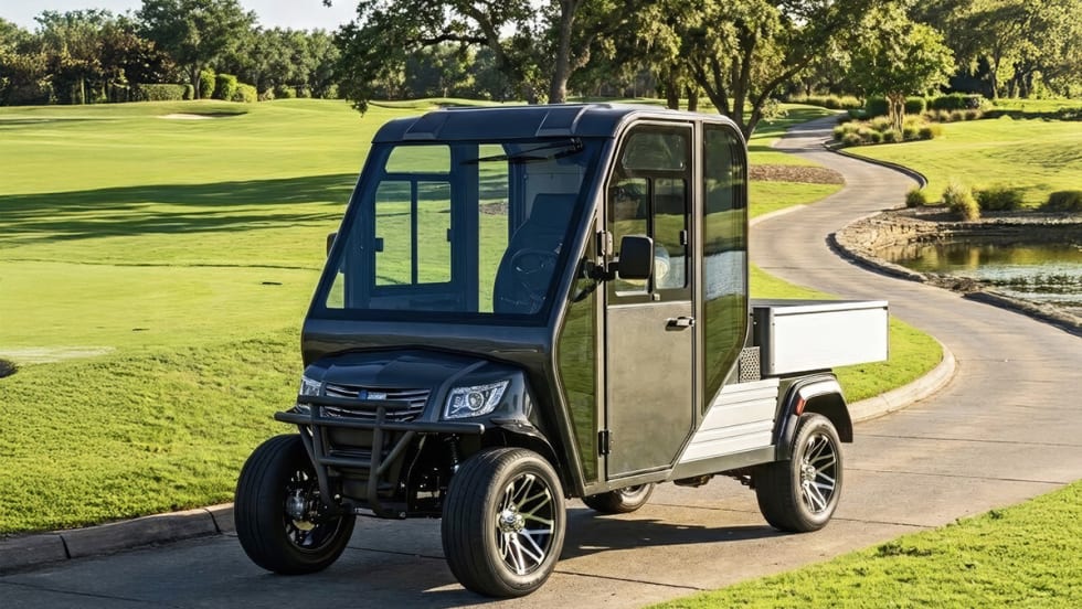 Massimo MVR HVAC electric utility vehicle with an enclosed cab and rear cargo bed driving on a paved path in a landscaped outdoor setting.