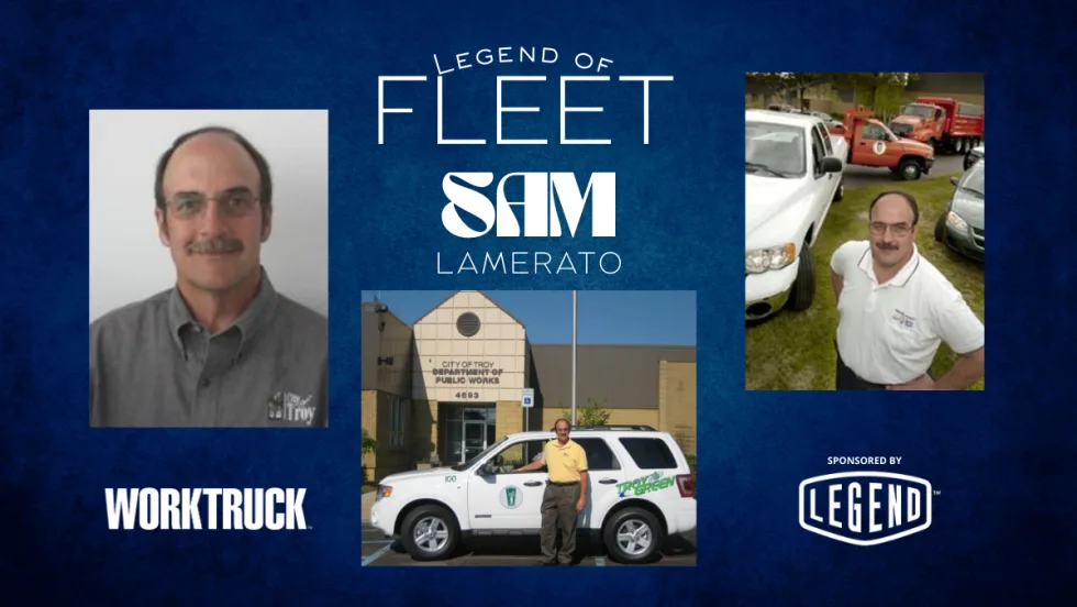 Collage featuring Sam Lamerato at different points in his public fleet career, including portraits and images with City of Troy public works vehicles, honoring his legacy in fleet leadership.