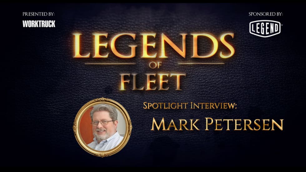 Fleet Legends of Fleet video thumbnail featuring Mark Petersen, presented by Work Truck and sponsored by Legend Fleet, with series title and portrait on a dark textured background.