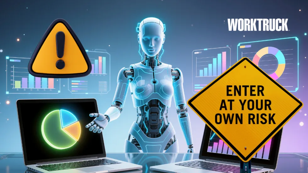 Illustration showing an AI figure surrounded by dashboards, warning symbols, and a road sign reading “enter at your own risk,” representing the risks fleets face when adopting AI without oversight.