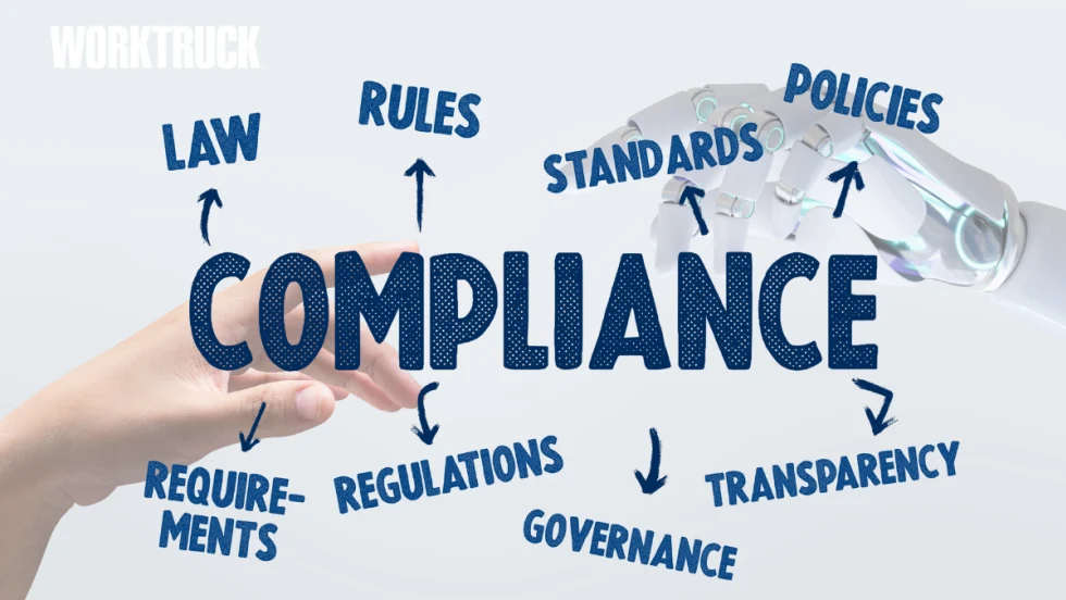 Illustration showing AI and human hands pointing to compliance elements including laws, rules, policies, regulations, transparency, and governance, representing how fleets use AI to manage compliance
