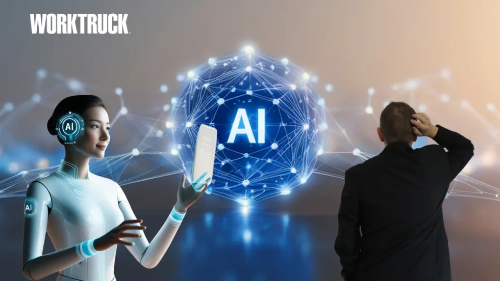 Illustration showing a human and an AI figure facing a connected digital AI network, representing how fleets balance automation and human oversight when using AI for compliance and audits.