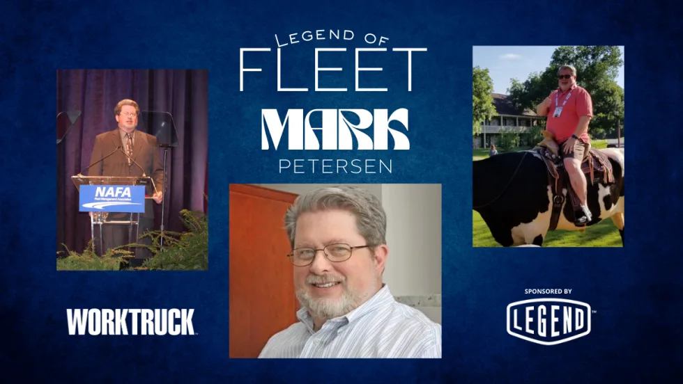 Legend of Fleet honoree Mark Petersen shown in a collage of career moments, highlighting his four-decade impact on fleet management through leadership, service, and industry relationships.