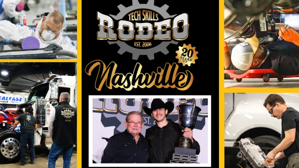 Black background with logo for Rush Rodeo in the middle above a photo of a winner accepting a trophy and two images on either side depicting truck repair.