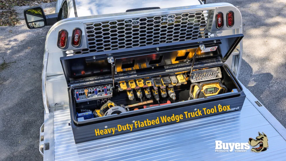 Overhead view of a tool box on a flatbed truck, with logo for Buyers Products.