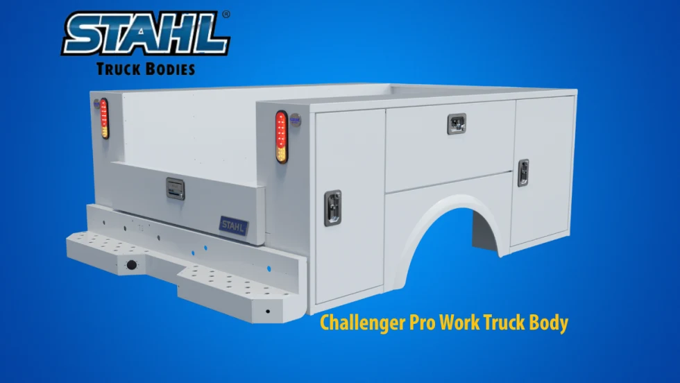 White service truck body against a blue background an a logo for Stahl.