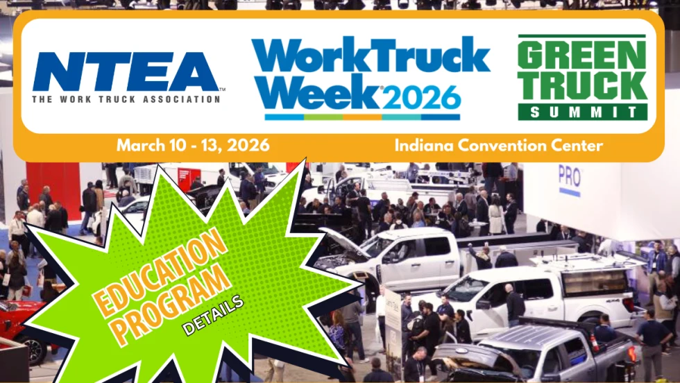 Background image of trade show with inset top logos for NTEA, Green Truck Summit, and Work Truck Week. Green starburst with headline for Education Program.