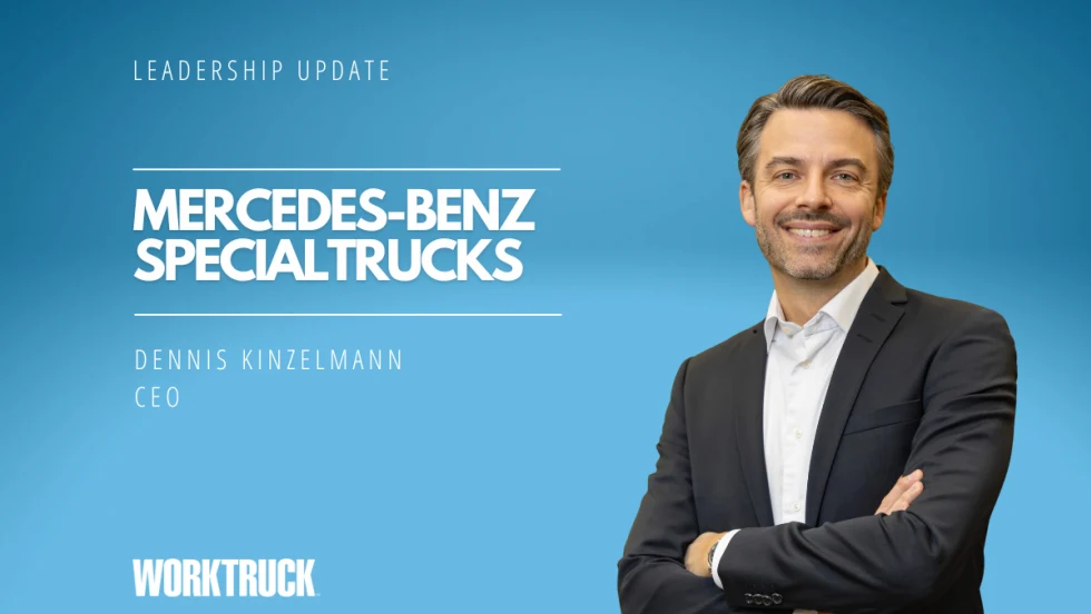 Blue background with inset photo of man in business attire and headline for Leadership Update, Mercedes-Benz Special Trucks, and the man's name.