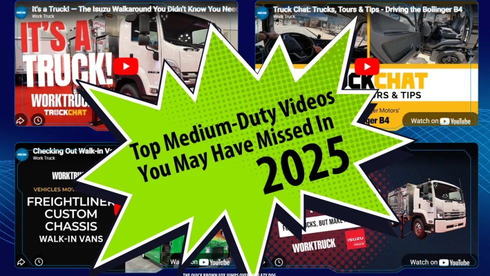 Four video thumbnails against a blue background with bright green starburst with inset headline Top Medium-Duty Videos You May Have Missed In 2025.