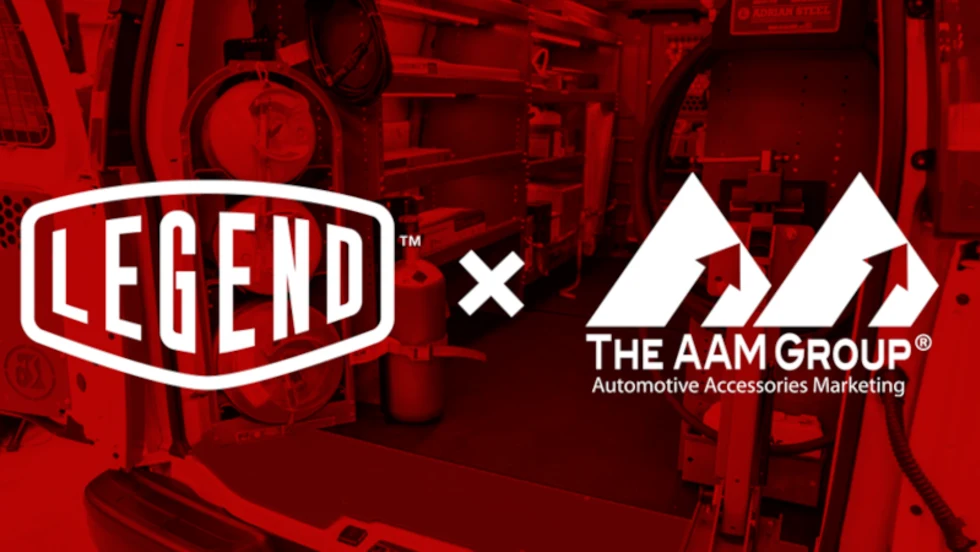 Red tinted background image of a man working inside a cargo van with inserted logo images for Legend and The AAM Group.