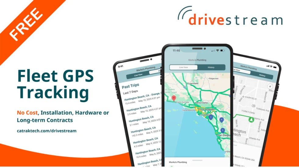 White background with three images of maps and apps on phone screens, headline Fleet GPS Tracking, and logo for Drivestream.