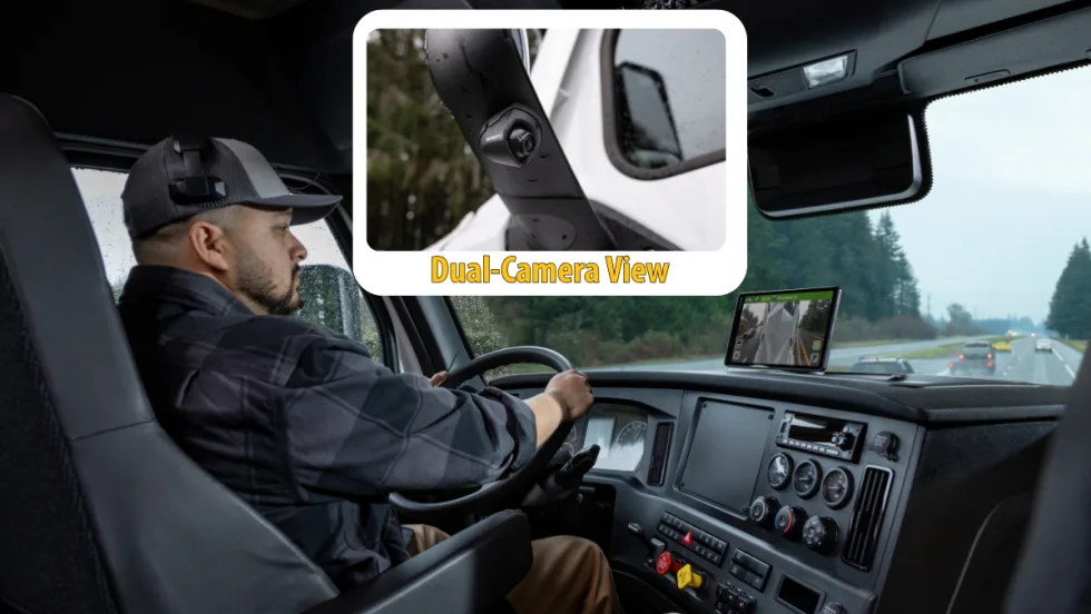 Background photo of a truck driver inside cab view, inset image of camera mounted on the mirror.