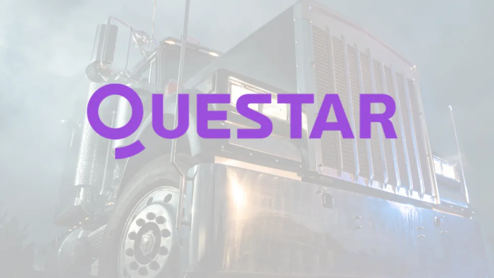 Light background image of a tractor trailer truck with inset logo for Questar.