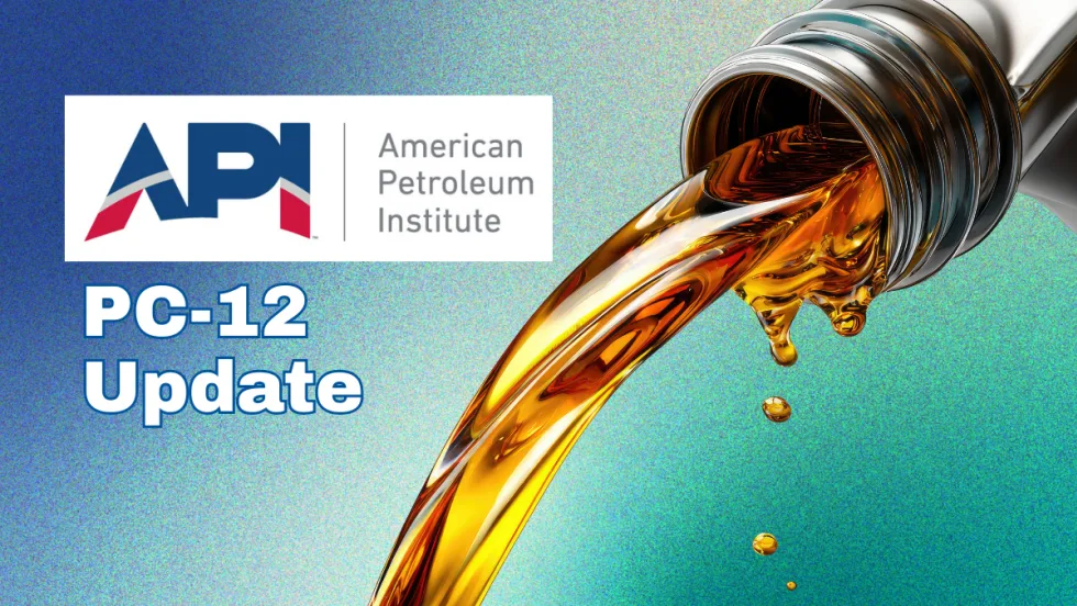 Blue green background with closeup of oil pouring from bottle, logo for the American Petroleum Institute, and headline PD-12-Update.